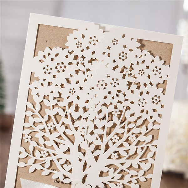Elegant white tree laser cut Wedding Invitation with ribbons LC015 - Hibrides