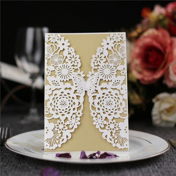 Elgant Butterfly Shape laser cut Wedding Invitation with gold inner cards LC045 - Hibrides