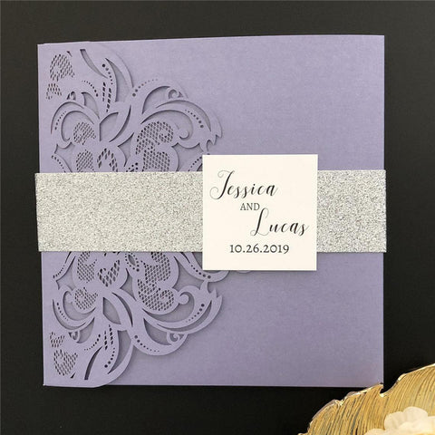 Purple Fold Laser Cut Wedding Invitation with Silver Glittery Backer and Belly Band Lcz065 - Hibrides
