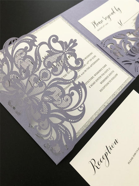 Purple Fold Laser Cut Wedding Invitation with Silver Glittery Backer and Belly Band Lcz065 - Hibrides