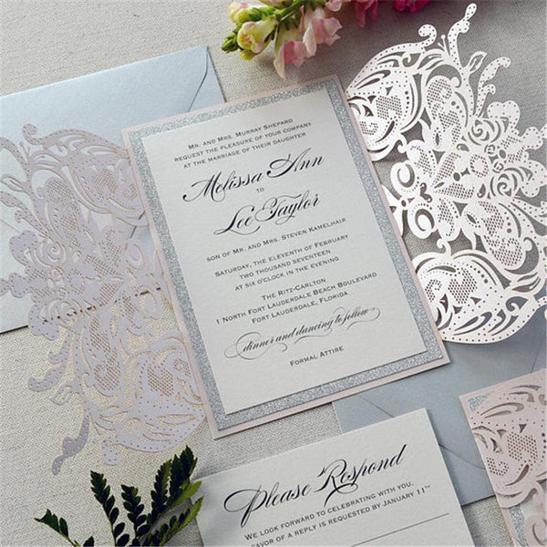 Blush Pink Laser Cut Wedding Invitations with Silver Backer and Bow Tie Lcz080 - Hibrides