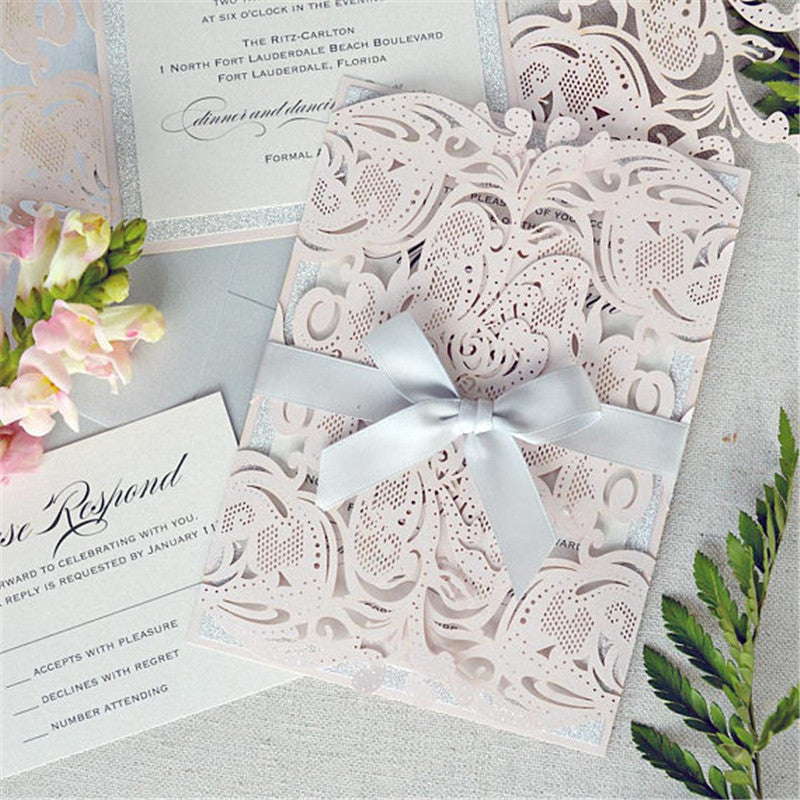 Blush Pink Laser Cut Wedding Invitations with Silver Backer and Bow Tie Lcz080 - Hibrides