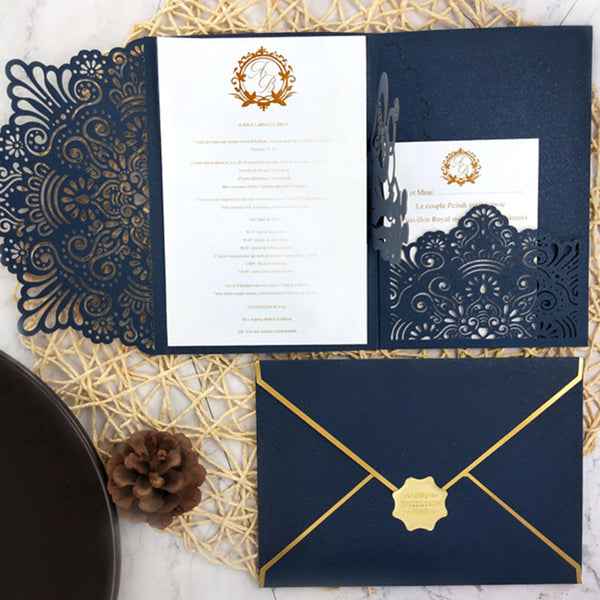 Navy Pop up Laser Cut Wedding Invitations with Monogram and Floral Pattern Lcz087 - Hibrides