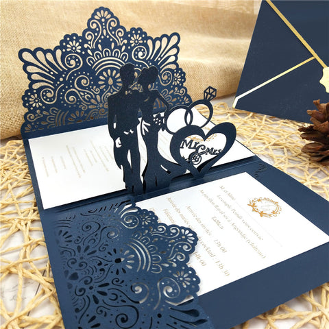 Navy Pop up Laser Cut Wedding Invitations with Monogram and Floral Pattern Lcz087 - Hibrides