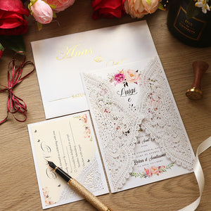 Creative Ivory Laser Cut Wedding Invitations with Lace Designs Lcz044 - Hibrides