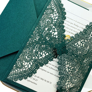 Malachite Green Laser Cut Wedding Invitations with Lace Designs Lcz045 - Hibrides