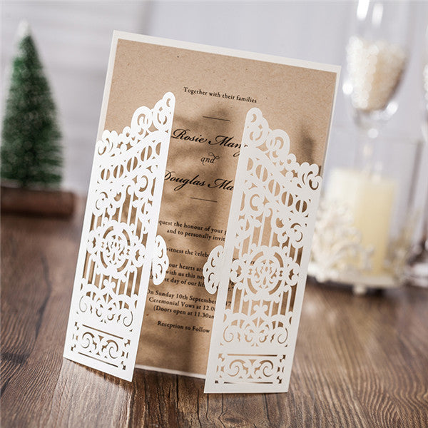 Three-folded white laser cut Wedding Invitation with design LC074 - Hibrides
