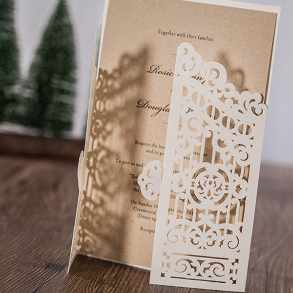 Three-folded white laser cut Wedding Invitation with design LC074 - Hibrides