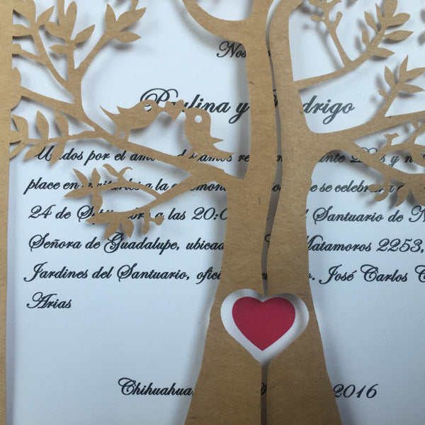 Eye-catching Tree Laser Cut Wedding Invitations with Heart and Ribbon Lcz053 - Hibrides