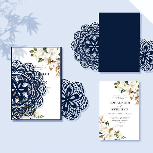Fancy Asymmetric Navy Blue Laser Cut Wedding Invitations with Floral Pattern Lcz057 - Hibrides