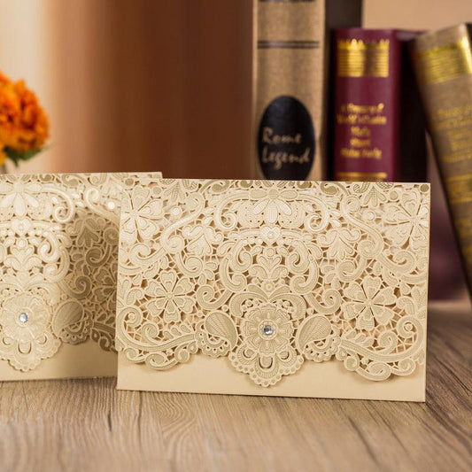 Gold Laser Cut Wedding Invitations with Floral Designs and Rhinestone Lcz097 - Hibrides