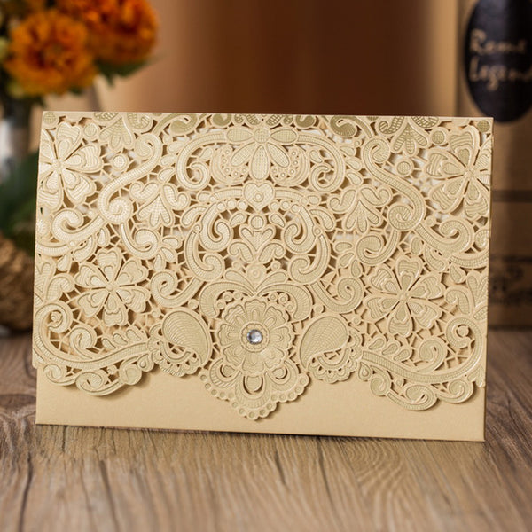 Gold Laser Cut Wedding Invitations with Floral Designs and Rhinestone Lcz097 - Hibrides