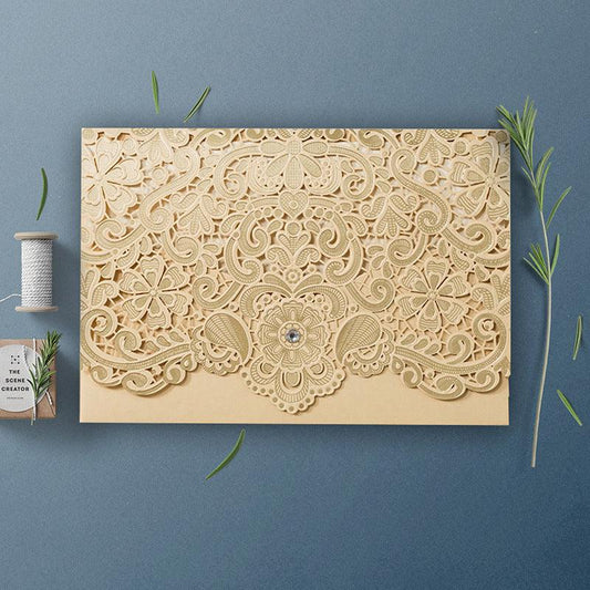 Gold Laser Cut Wedding Invitations with Floral Designs and Rhinestone Lcz097 - Hibrides