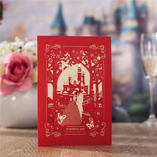 Festive red and gold laser cut Wedding Invitation with hugging couples LC077 - Hibrides
