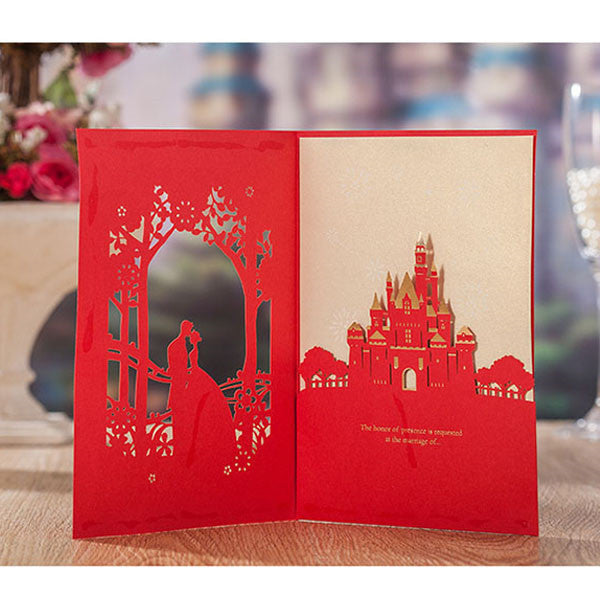 Festive red and gold laser cut Wedding Invitation with hugging couples LC077 - Hibrides