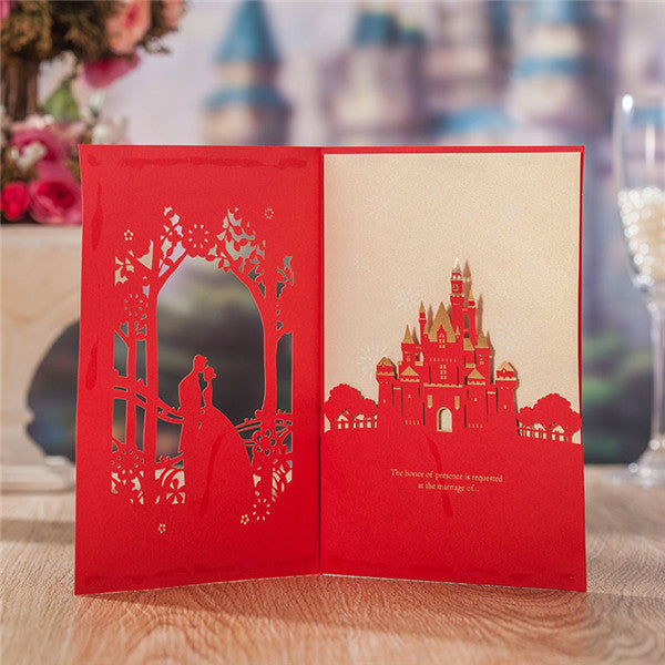 Festive red and gold laser cut Wedding Invitation with hugging couples LC077 - Hibrides