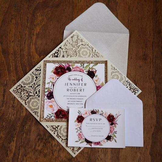 Floral Laser Cut Invitation with Gold Glitter Trim and Watercolor Design LCZ006 - Hibrides
