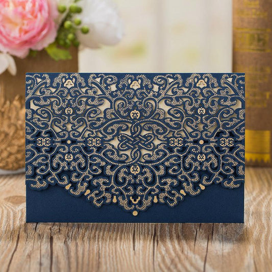 Formal Navy Blue and Gold Laser Cut Wedding Invitations with Amazing Details Lcz095 - Hibrides