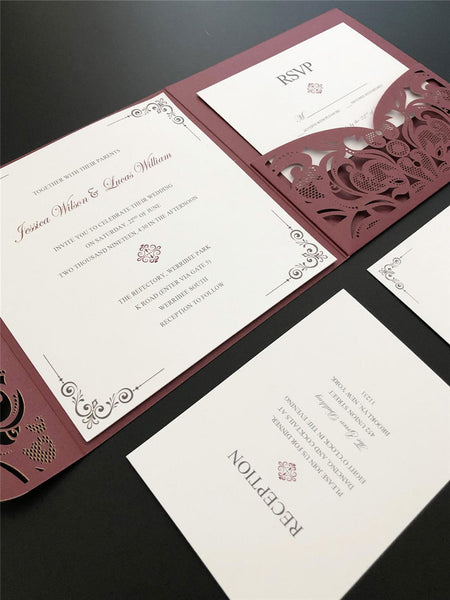 Formal Square Burgundy Laser Cut Wedding Invitations with Simple White Inner Card Lcz061 - Hibrides