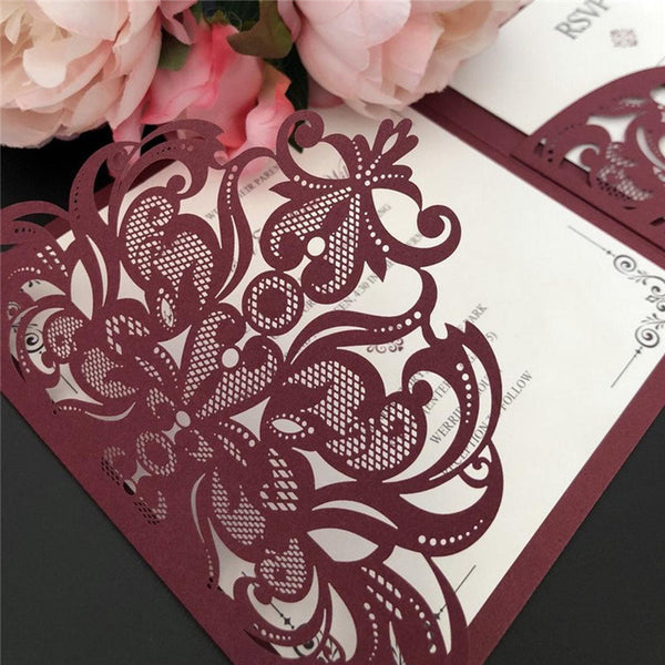 Formal Square Burgundy Laser Cut Wedding Invitations with Simple White Inner Card Lcz061 - Hibrides