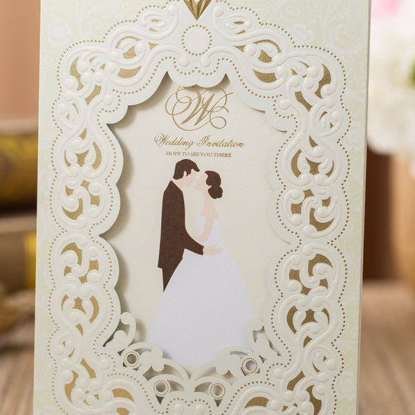 Framed Ivory Laser Cut Wedding Invitations with Couples' Photo and Gold Inlay Lcz100 - Hibrides