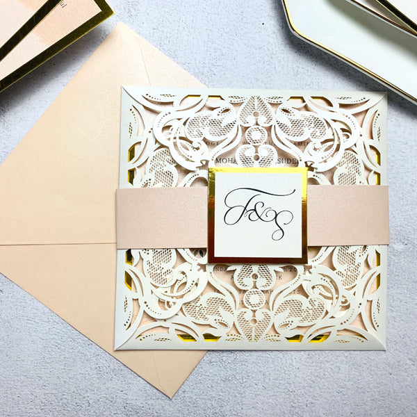Framed in Ivory Laser Cut Wedding Invitations with Gold Belly Band Lcz029 - Hibrides