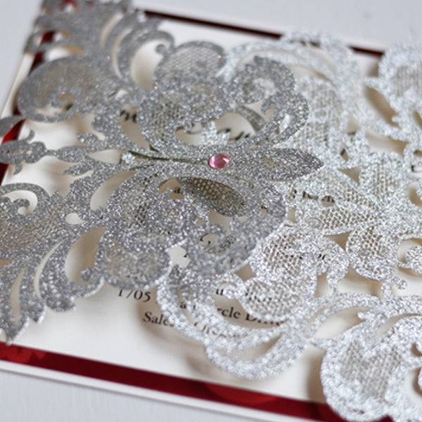 Glitter Silver Laser cut Winter Wonderland Theme Wedding Invitation LCZ016 - Hibrides