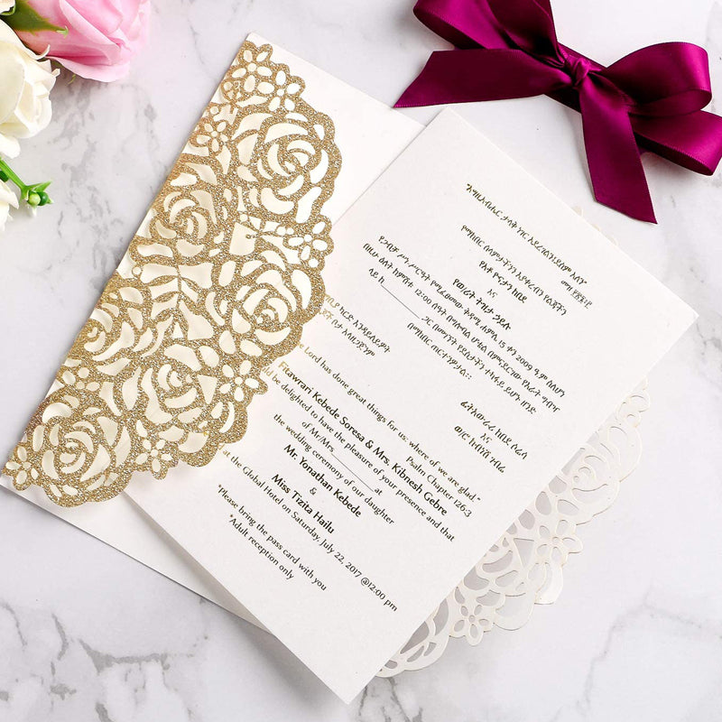 Gold Glitter Laser Cut Hollow Rose With Burgundy Ribbon Glitter Wedding Invitation Card LCP007 - Hibrides