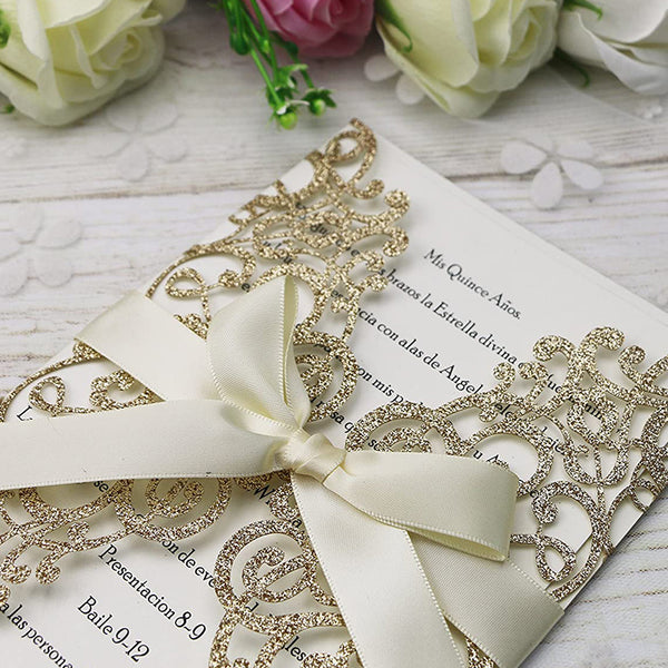 Gold Glitter Laser Cut Wedding Invitation Cards with Envelopes for Wedding Bridal Shower LCP008 - Hibrides