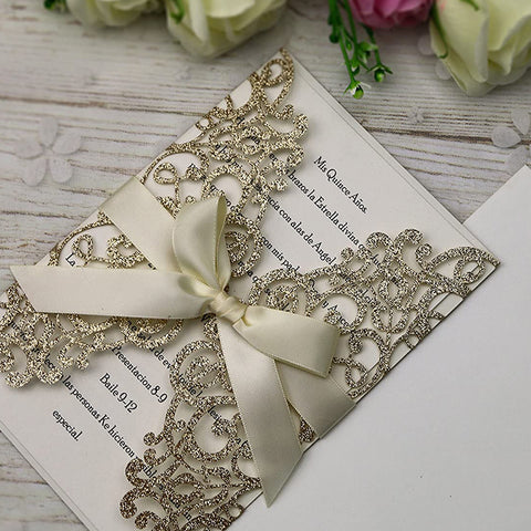 Gold Glitter Laser Cut Wedding Invitation Cards with Envelopes for Wedding Bridal Shower LCP008 - Hibrides