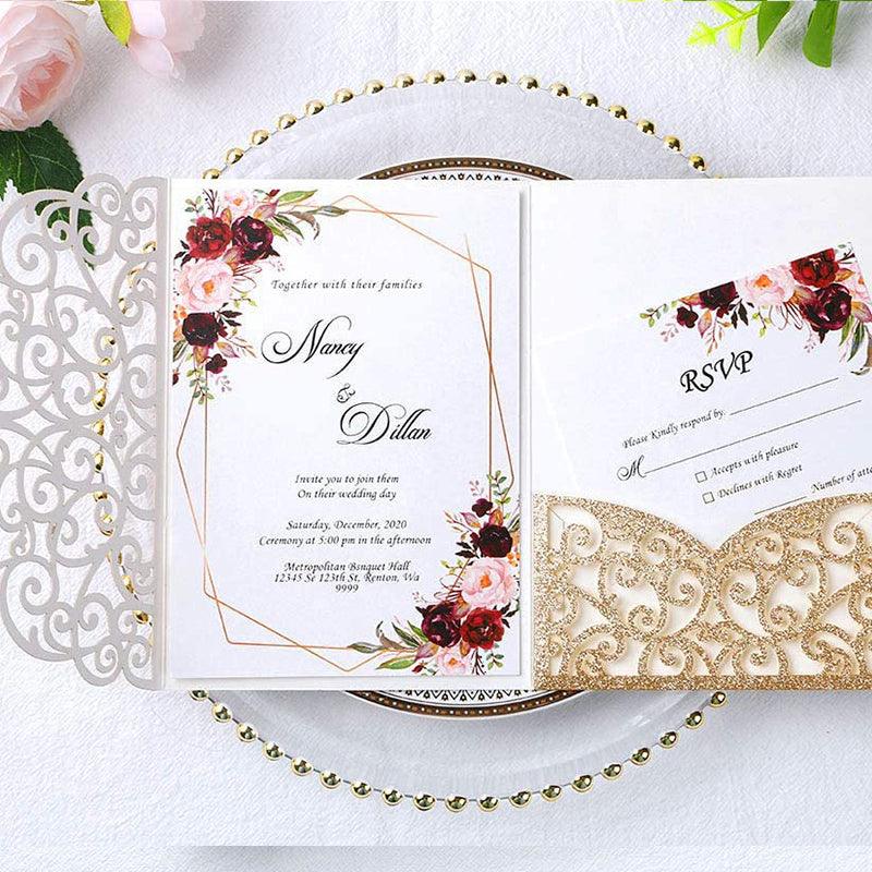 Gold Glitter Tri-Fold Laser Cut Wedding Invitation Pocket with Envelopes LCP010 - Hibrides