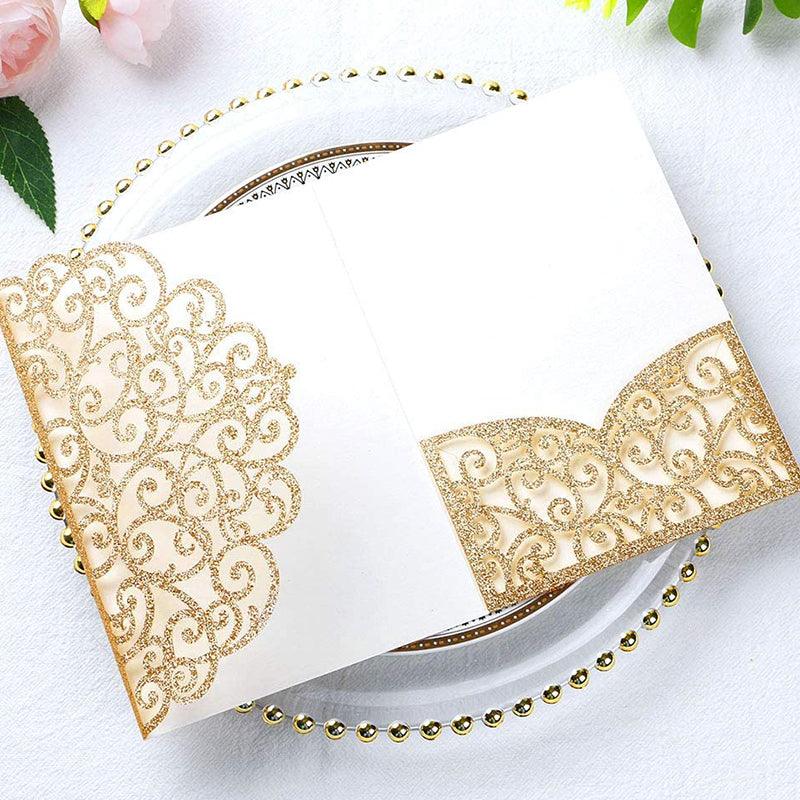 Gold Glitter Tri-Fold Laser Cut Wedding Invitation Pocket with Envelopes LCP010 - Hibrides