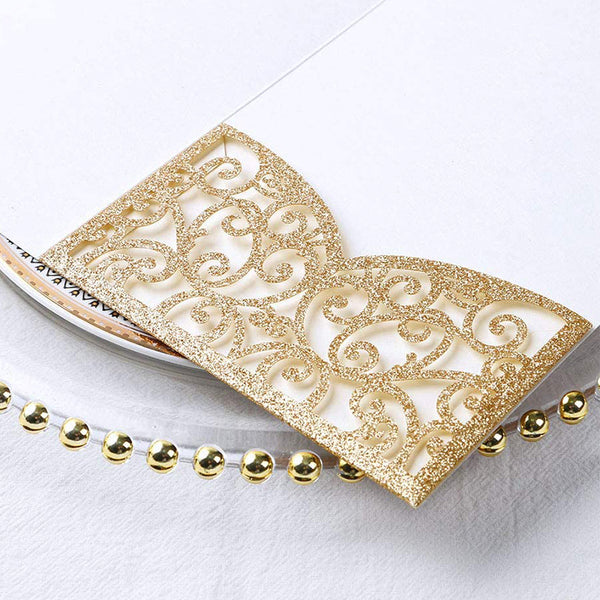 Gold Glitter Tri-Fold Laser Cut Wedding Invitation Pocket with Envelopes LCP010 - Hibrides