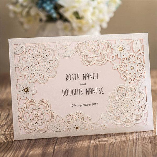 Elegant white laser cut Wedding Invitation with floral design LC078 - Hibrides