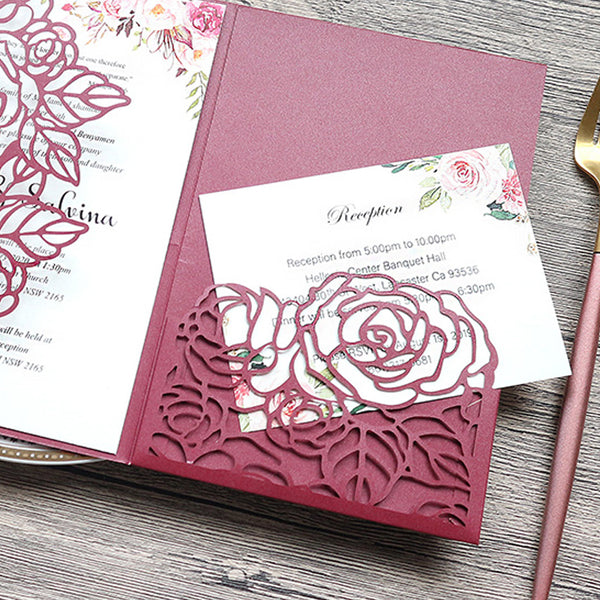 Burgundy Gold Glittery Laser Cut Wedding Invitations with Floral Design Lcz077 - Hibrides