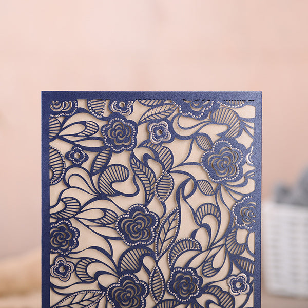 Ivory and Navy Pocket Lace Laser Cut Wedding Invitations with Beads Inlay Lcz096 - Hibrides