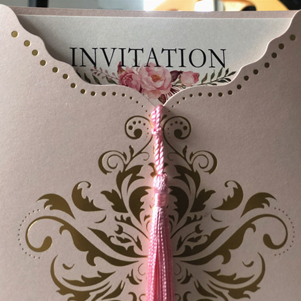 Elegant Pink Pocket Wedding Invitations with Tassel Lcz088 - Hibrides