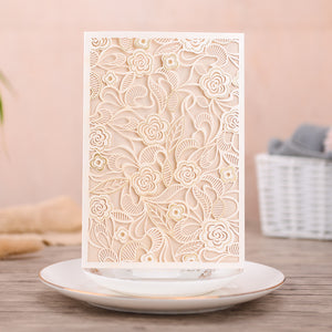 White and Gold Pocket Lace Laser Cut Wedding Invitations with Beads Inlay Lcz093 - Hibrides