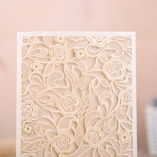 White and Gold Pocket Lace Laser Cut Wedding Invitations with Beads Inlay Lcz093 - Hibrides