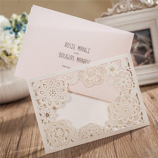 Elegant white laser cut Wedding Invitation with floral design LC078 - Hibrides