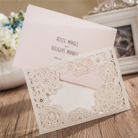 Elegant white laser cut Wedding Invitation with floral design LC078 - Hibrides