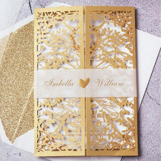 Fold Gold Laser Cut Wedding Invitations with Matching Ribbons or Leaf Design Lcz056 - Hibrides