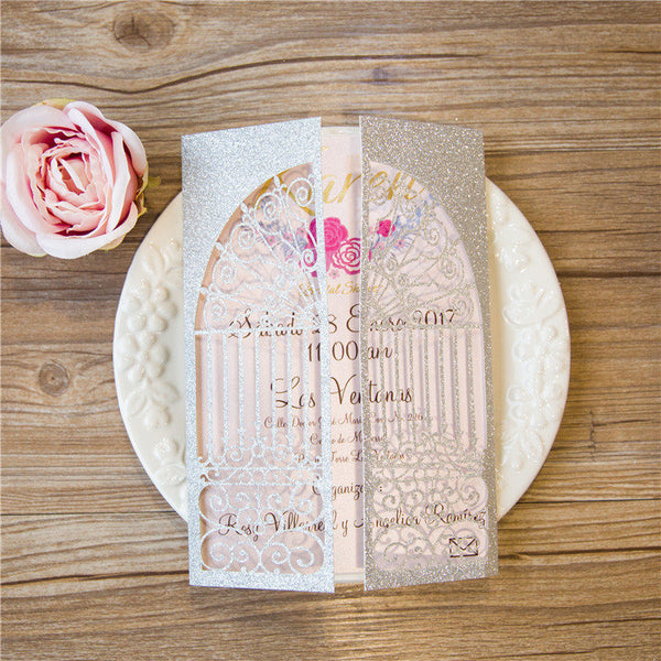 Silver Glittery Laser Cut Wedding Invitations with Ceremonial Gate and Pink Bow Tie Lcz085 - Hibrides