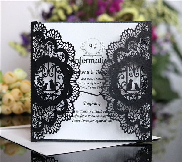 Inexpensive classic Black and white lace laser cut Wedding Invitation LC061 - Hibrides
