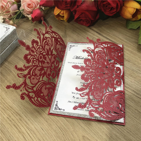 Burgundy Laser Cut Wedding Invitations with Sivler Glitter Backer and floral pattern Lcz051 - Hibrides