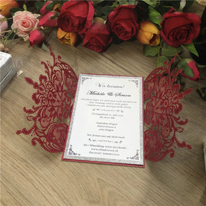 Burgundy Laser Cut Wedding Invitations with Sivler Glitter Backer and floral pattern Lcz051 - Hibrides