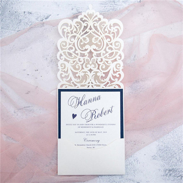 Intriguing Ivory Lace Laser Cut Wedding Invitations with Rhinestone and Navy Backer Lcz090 - Hibrides