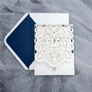 Intriguing Ivory Lace Laser Cut Wedding Invitations with Rhinestone and Navy Backer Lcz090 - Hibrides
