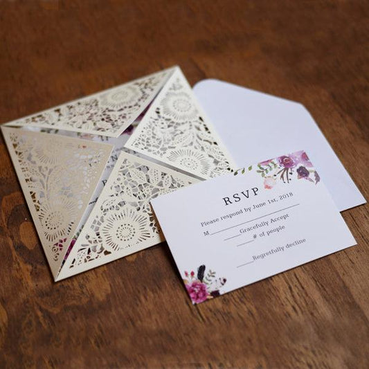 Ivory Floral Lasercut Invitation with Gold Glitter Trim and Watercolor Design LCZ017 - Hibrides