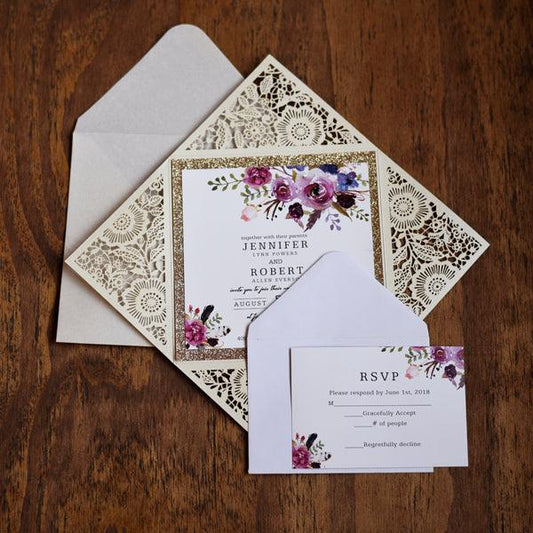 Ivory Floral Lasercut Invitation with Gold Glitter Trim and Watercolor Design LCZ017 - Hibrides